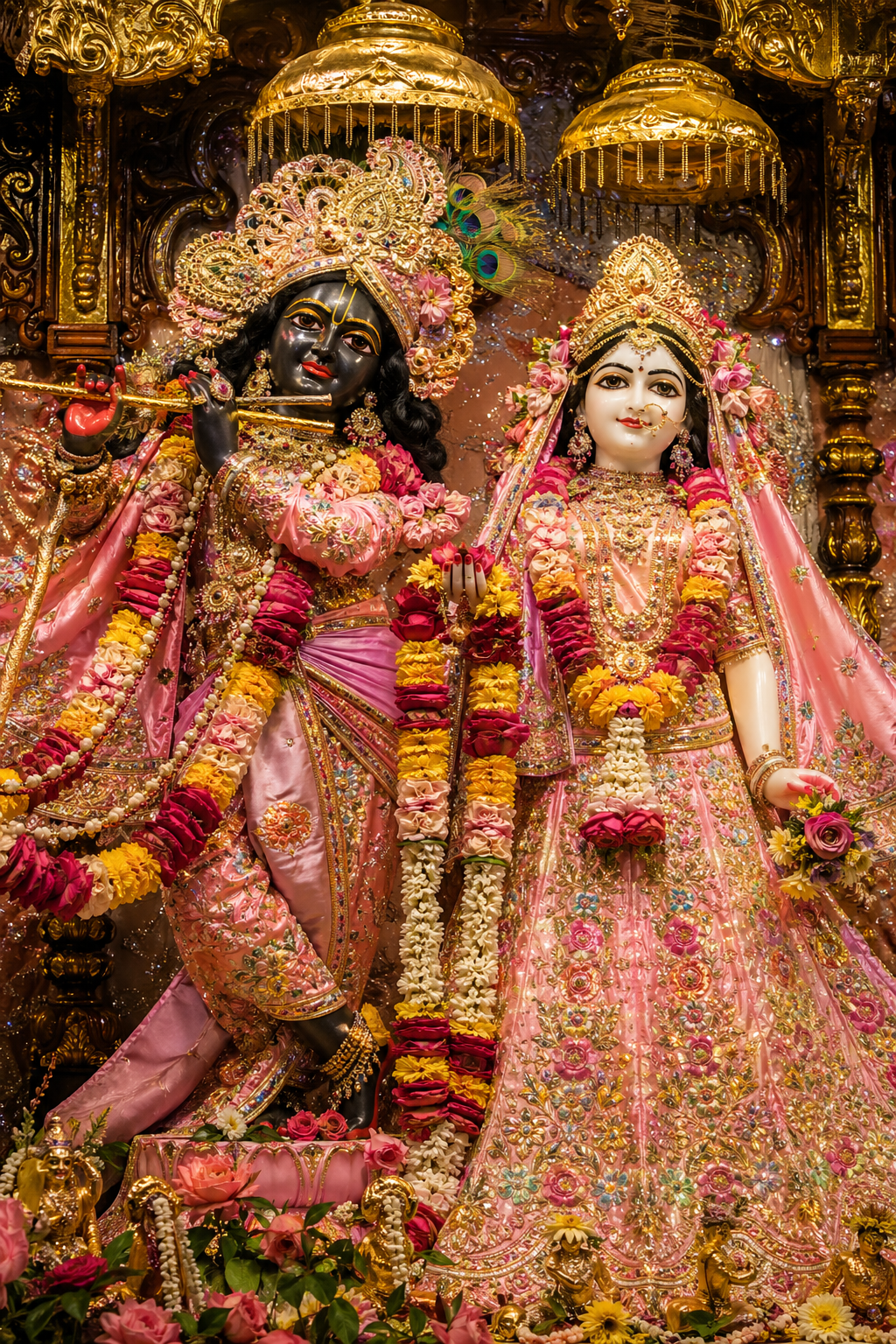 Radha Krishna ISKCON deities with golden crowns and rose garlands on gold-draped temple altar